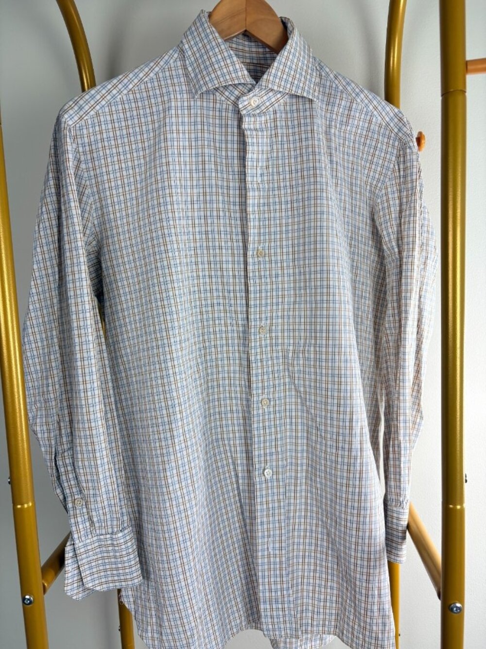 ISAIA Ivory/Blue/Brown Plaid Dress Shirt 15 1/2 31